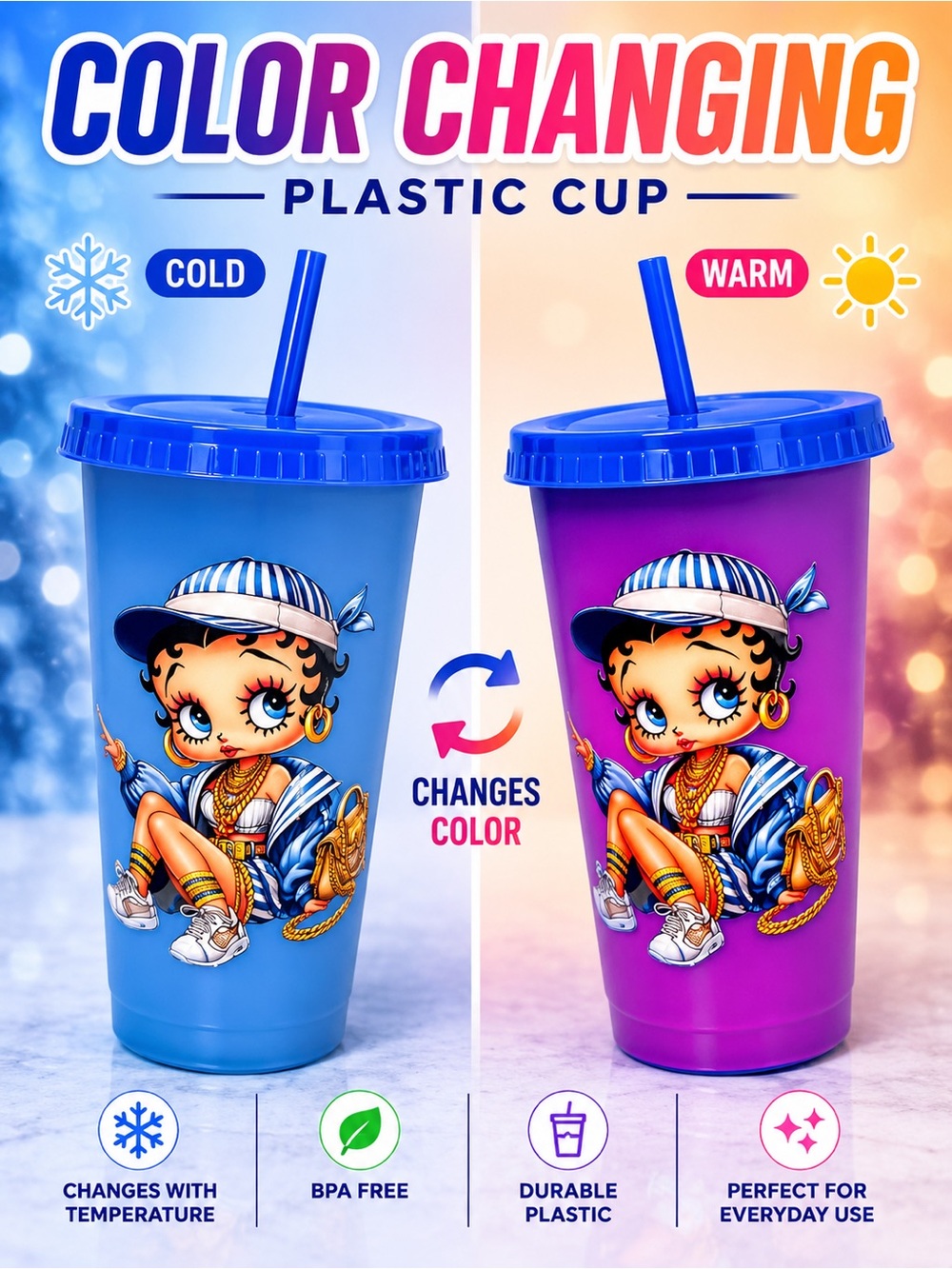 Betty Boop Color-Changing Plastic Cup — Blue to Purple